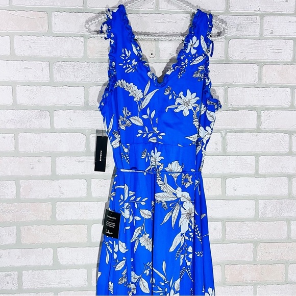 Lulu's NWT Sun Salutation Royal Blue Floral Print Ruffled Wrap Maxi Dress Size L - Picture 9 of 12